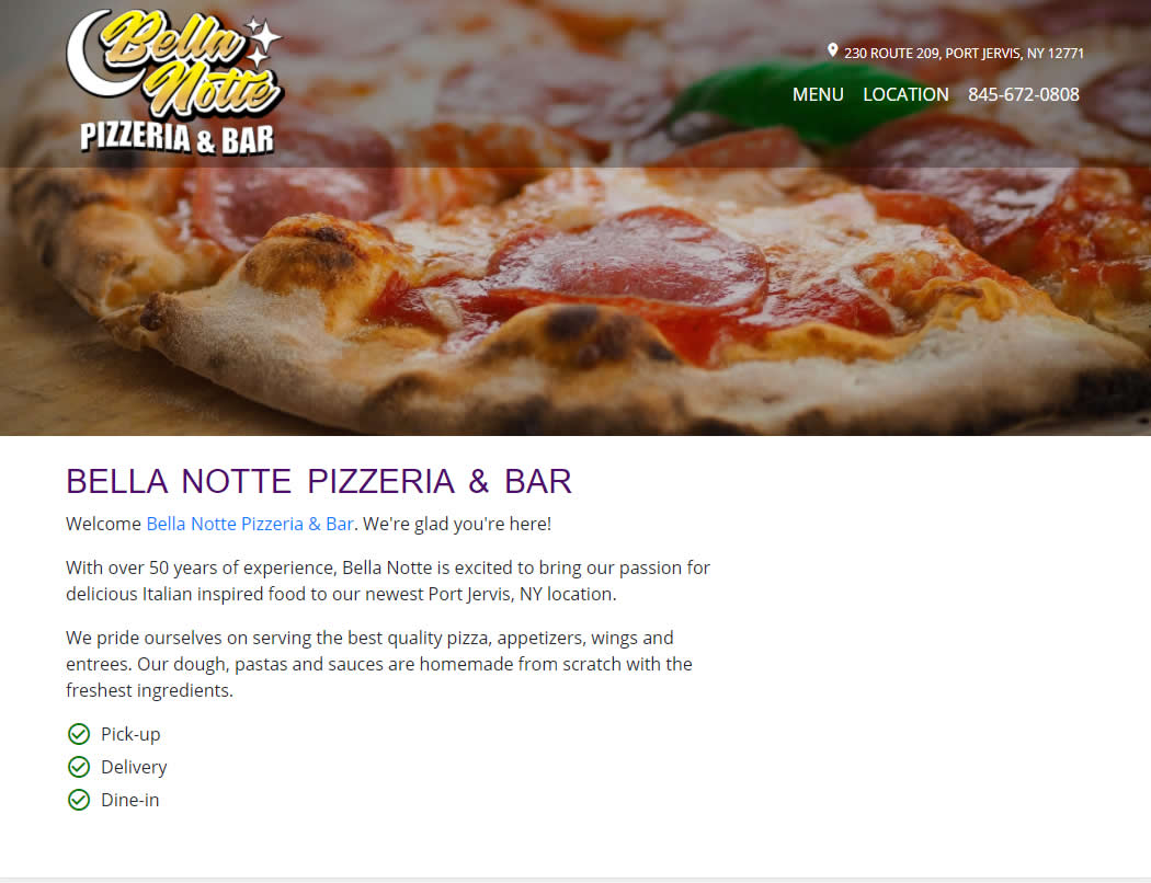 screenshot of the Bella Notte Pizzeria website
