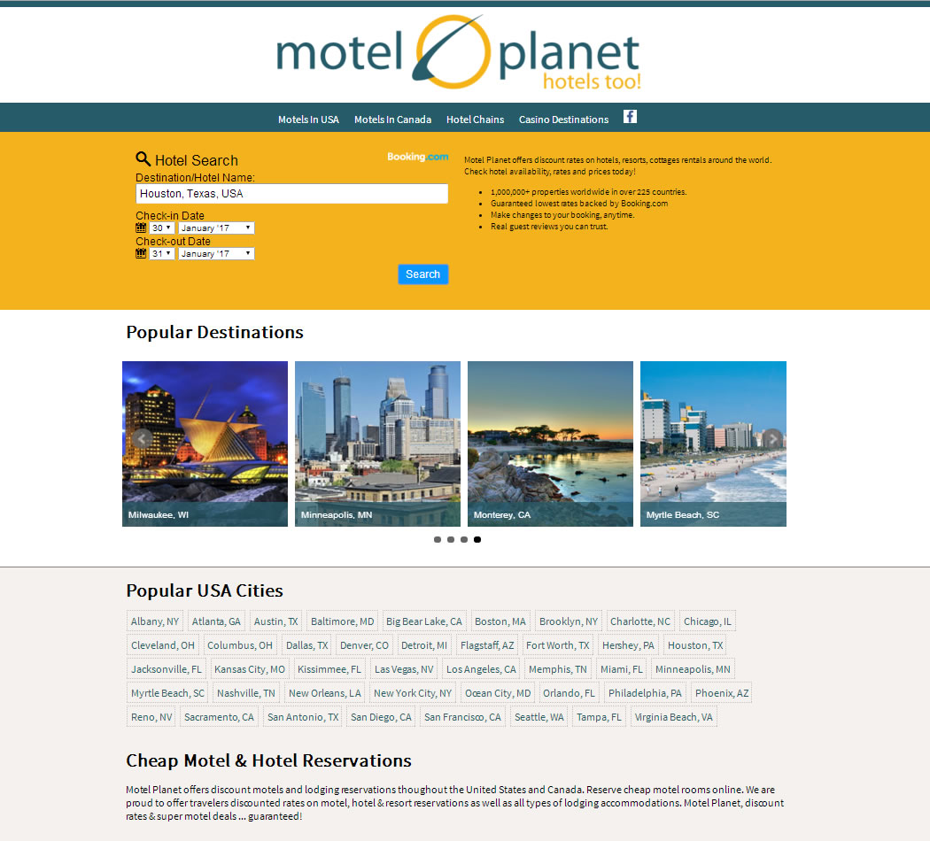 screenshot of the Motel Planet website